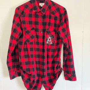 Matchstick Red Flannel Dress with an A Embroidered on pocket, Size Medium